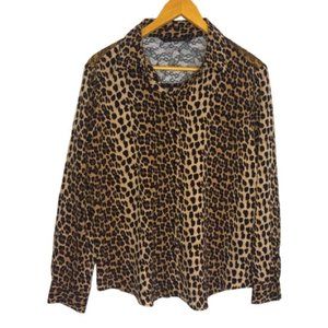 Zara Basic Animal Print Blouse L Button Up  Black Lace Back Insert Leopard